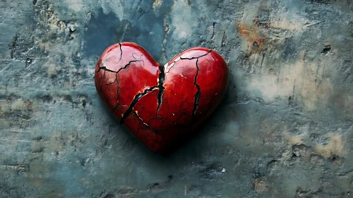 Fractured Red Heart Against Weathered Blue-Gray Wall Surface