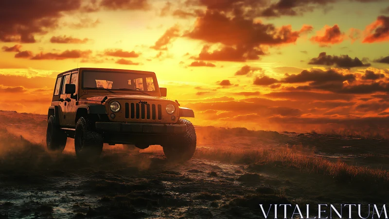 Golden sunset adventure welcomes a rugged off road jeep