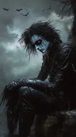 Solitary dark figure seated on rock under overcast sky