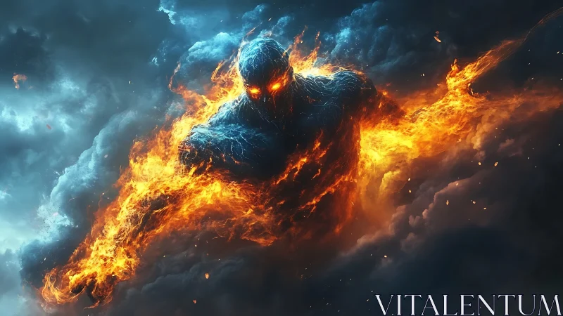 Molten humanoid figure advances through dense storm clouds