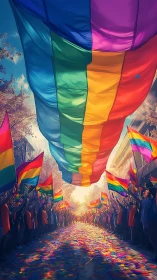 Vibrant pride parade beneath sweeping rainbow canopy.