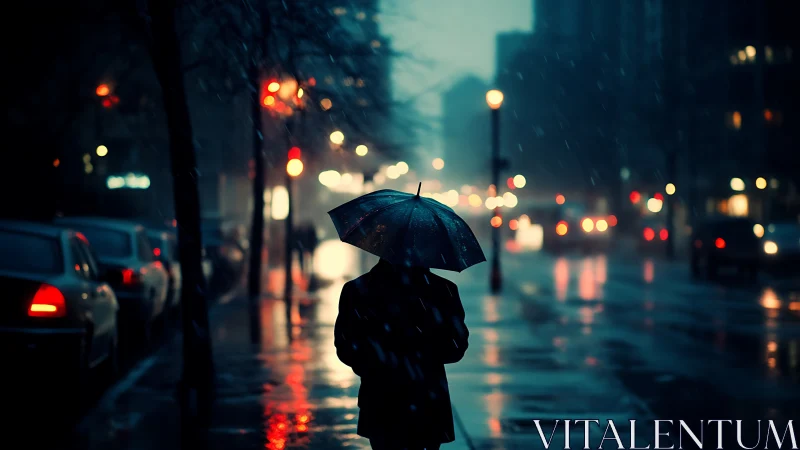 Umbrella wanderer gliding through neon-soaked midnight rain.