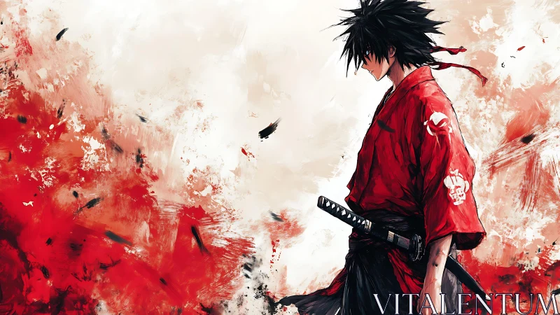 Samurai in red kimono stands against abstract red backdrop