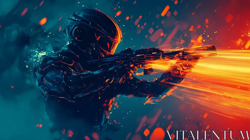 Cyberpunk exosuit gunner with neon ballistic light trails.