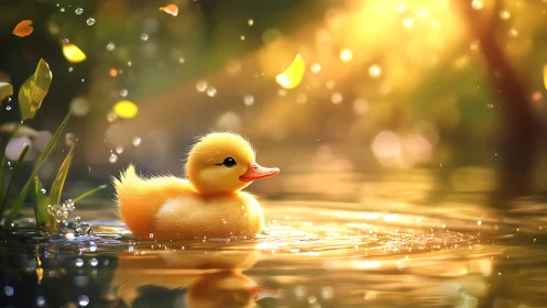 Sunlit duckling drifts through glittering golden ripples.