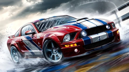 Aerodynamic sport coupe drifting through hydroplaning spray.