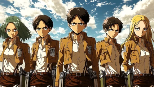 Five uniformed anime soldiers standing in formation outdoors.