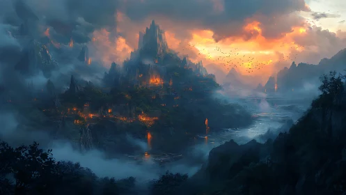 Luminous mountain citadel glows through stormlit dusk