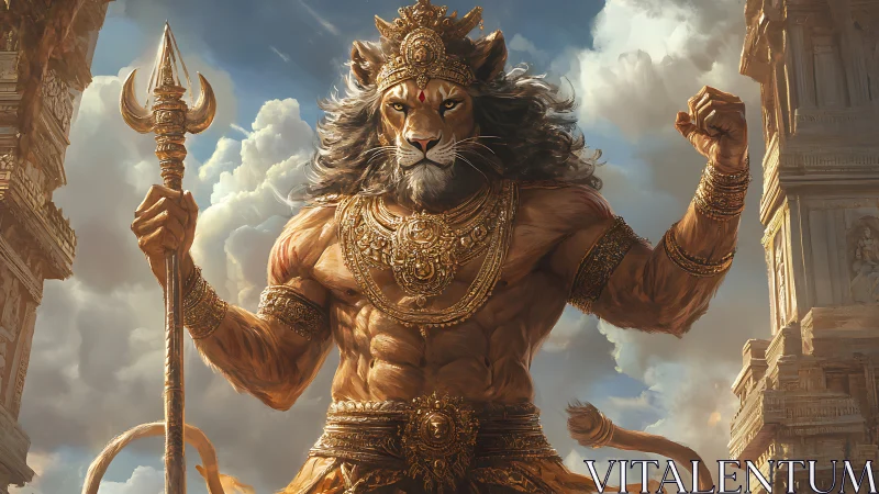 Lion-headed warrior deity in ornate temple clouds panorama.