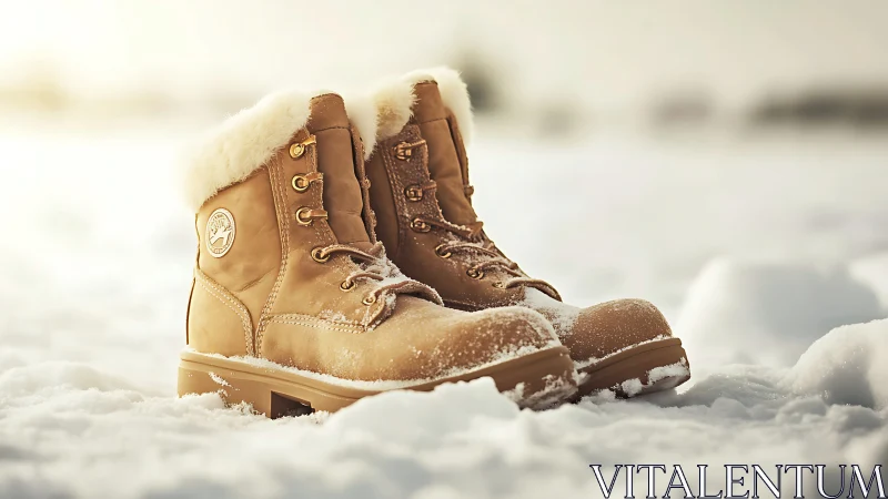 Brown winter boots stand in fresh snow under soft light