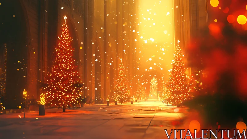 Cathedral Christmas trees glow under golden snowfall.