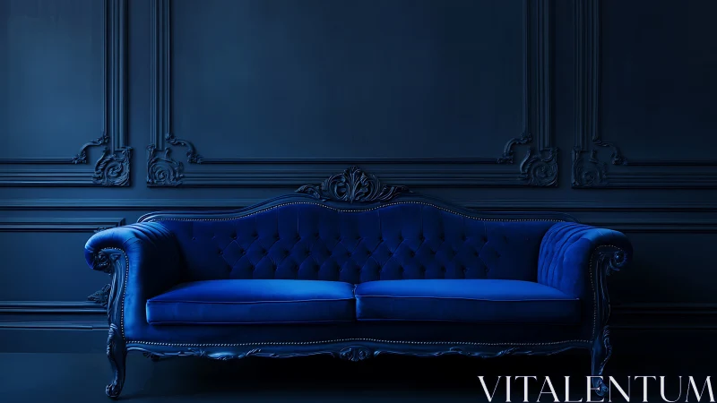 Deep blue velvet sofa in a cozy, elegantly moody room.