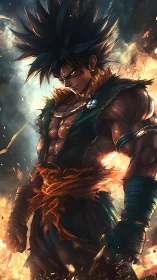 Battle-ready anime warrior wreathed in blazing energy storm.
