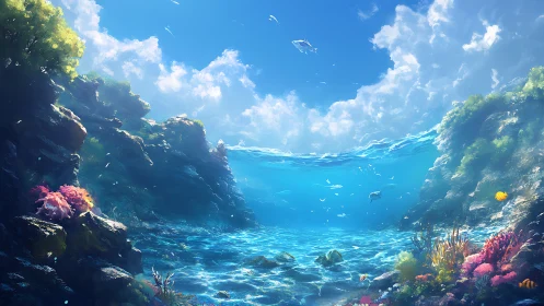 Sunlit underwater cove filled with colorful coral life.