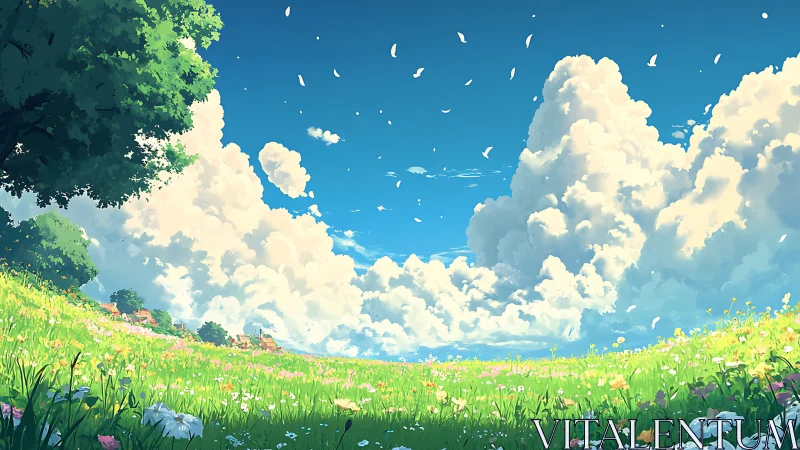 Sunlit wildflower meadow opens beneath towering summer clouds