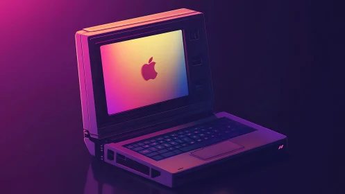 Retro laptop with glowing Apple logo in neon lighting.