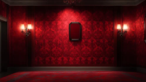 Symmetrical red corridor with ornate sconces and empty central frame