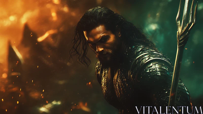 Storm-lit sea warrior pausing between fire and ocean calm.