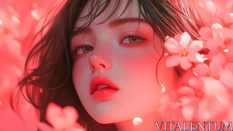 Soft-lit anime girl gazes through glowing coral blossoms