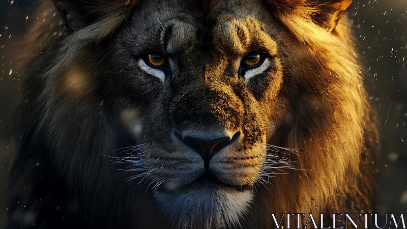 Lion close-up with dramatic lighting and focused gaze.