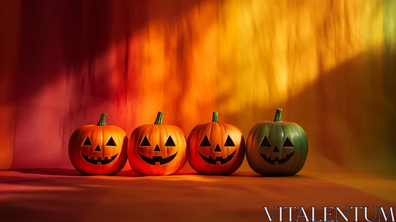 Four jack-o’-lantern pumpkins against warm gradient backdrop.