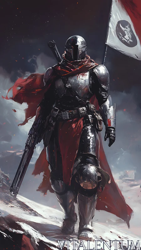 Armored sci-fi soldier advances through snow with battle flag