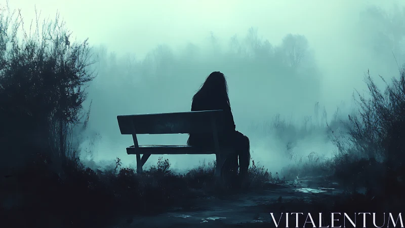 Mist-drenched loner on a bench at the edge of nowhere.