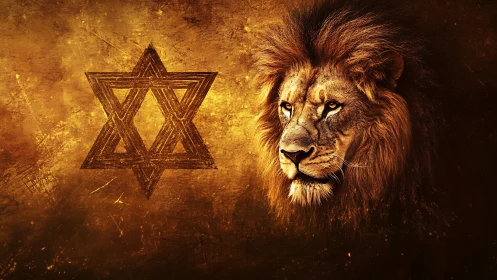 Lion profile aligns with textured Star of David on gold field