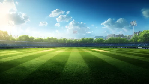 Empty cricket stadium under bright sky and city skyline.