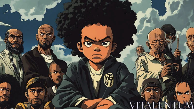 Defiant anime boy leads diverse elders under turbulent sky