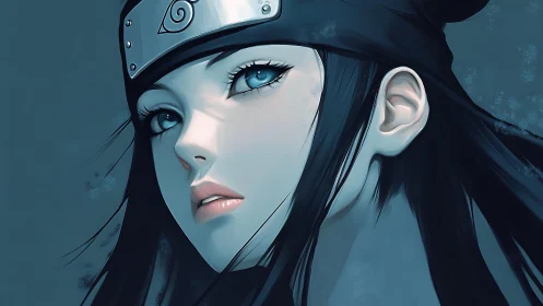 Blue-eyed kunoichi portrait with metal forehead protector.