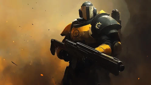 Armored sci fi soldier advances through burning battlefield.