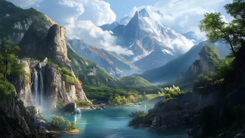 Gentle waterfalls welcome calm light over a hidden valley lake