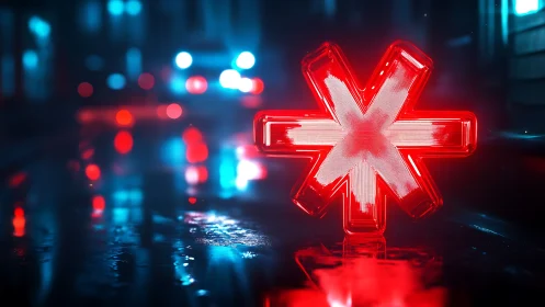 Neon red asterisk light in wet cyberpunk alley bokeh night