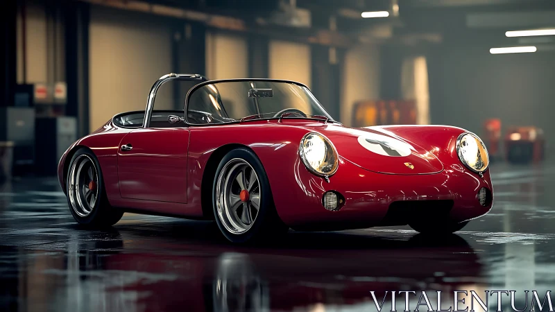 Photoreal 3D render of red vintage race roadster in garage