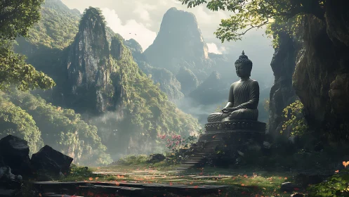 Digital painting of Buddha statue in misted mountain sanctuary.