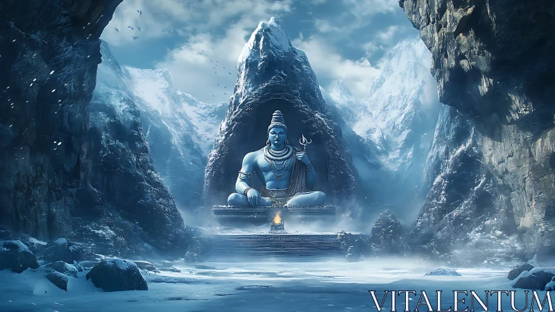 Large seated deity statue occupies central icy mountain valley