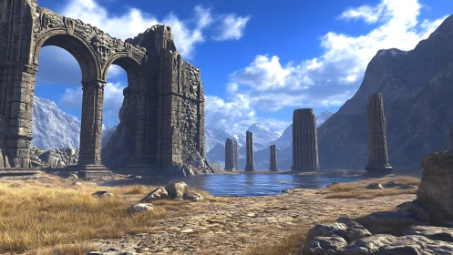Ruined stone gateways guarding a silent mountain lake.