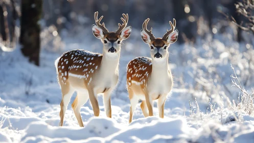 Twin winter deer poised in glittering snowlit hush.