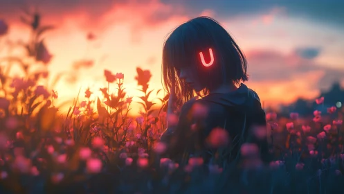 Cybernetic girl amid neon dusk wildflowers balances organic light