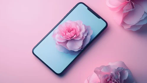 Modern smartphone with blooming pink flower in pastel aesthetic.