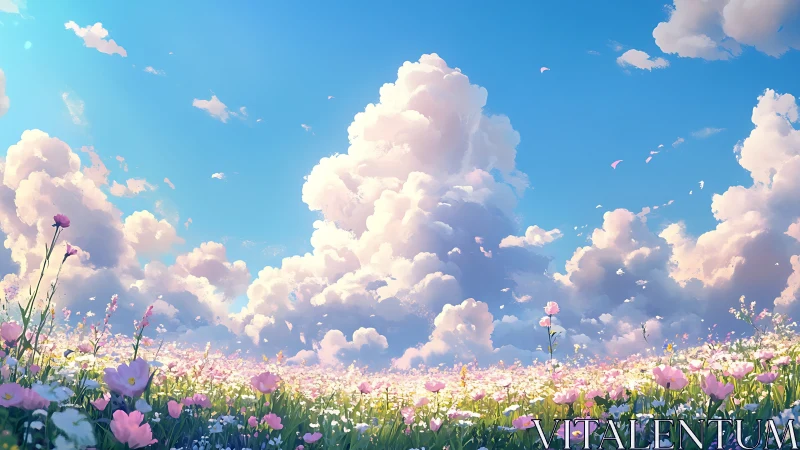 Sunlit wildflower meadow stretches beneath billowing clouds.