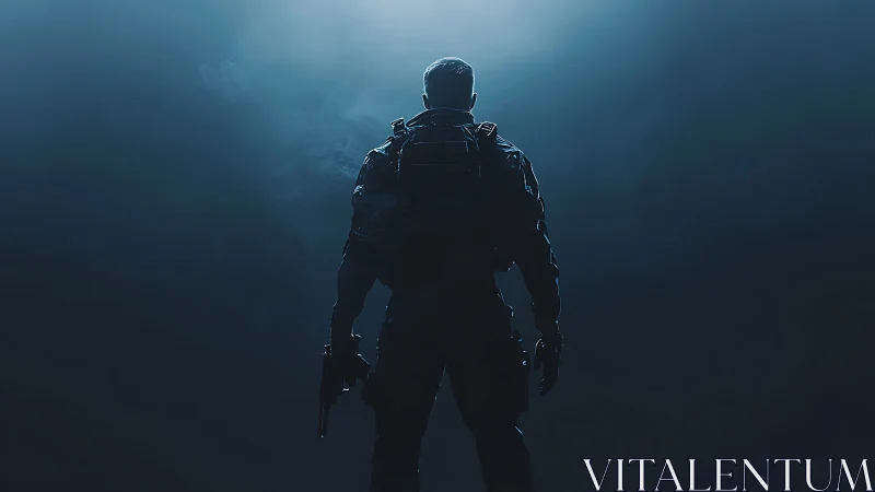 Backlit tactical soldier silhouette in deep atmospheric haze