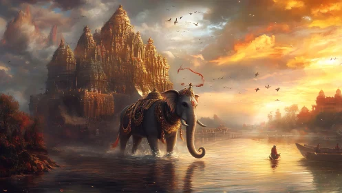 Regal silver elephant crossing sunset-lit temple waters.