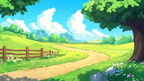 Sunny countryside path through green fields and hills.