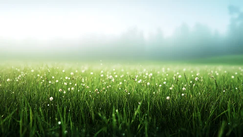 Dew-covered grass field extends toward fog-obscured tree line