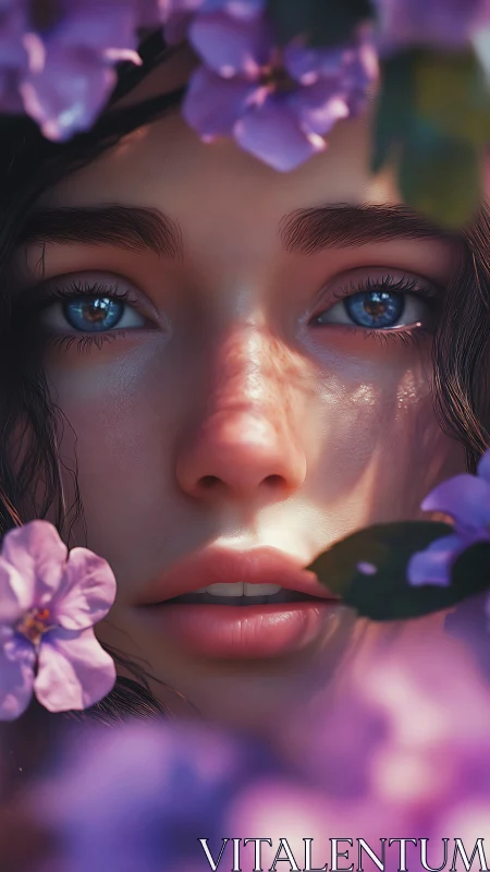 Hyperreal close-up portrait with floral bokeh and soft rim lighting