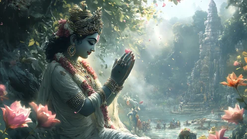 Divine woman praying in lush riverside temple landscape.