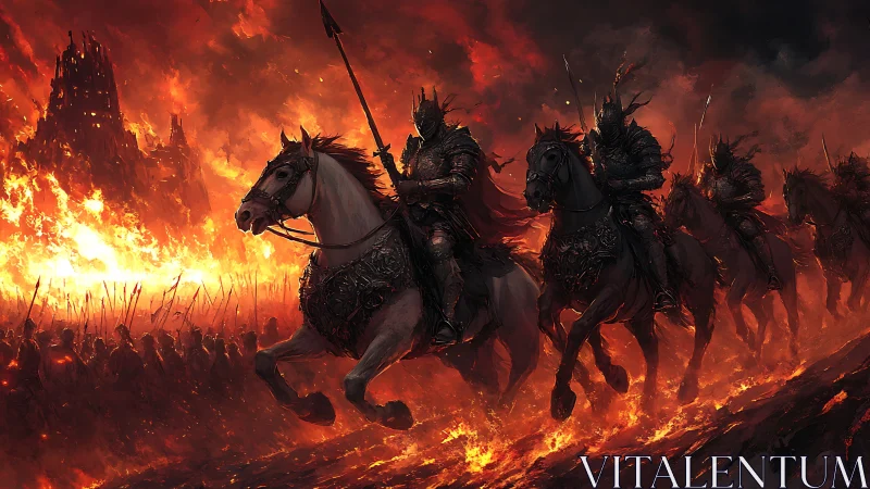Hellfire cavalry thunders across a burning, war-torn horizon