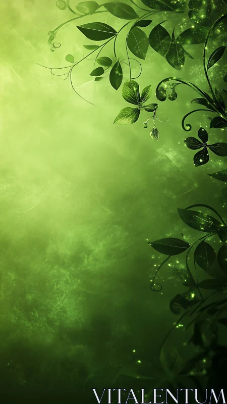 Luminous green foliage border over misty abstract field.